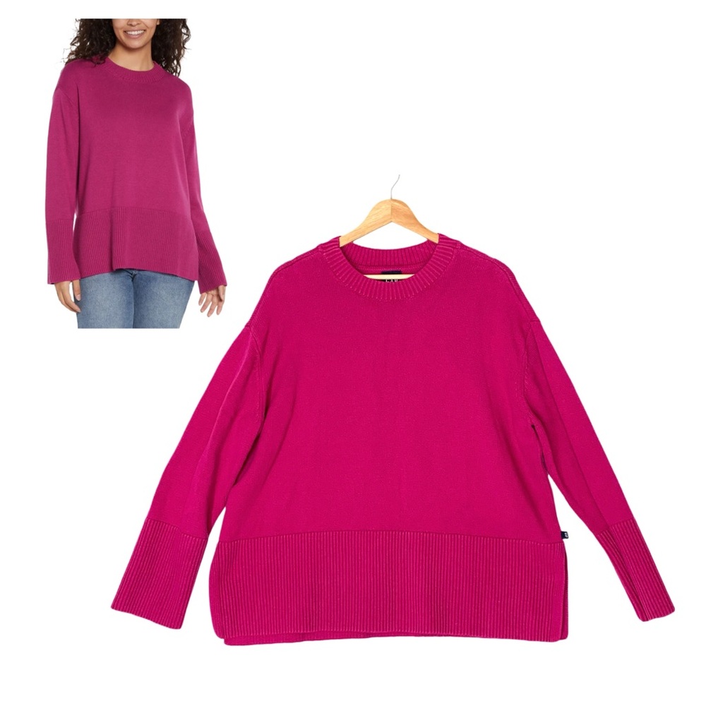 GAP Women's 100% Cotton Crewneck Sweater Fuchsia XL Relaxed Fit Side Slits